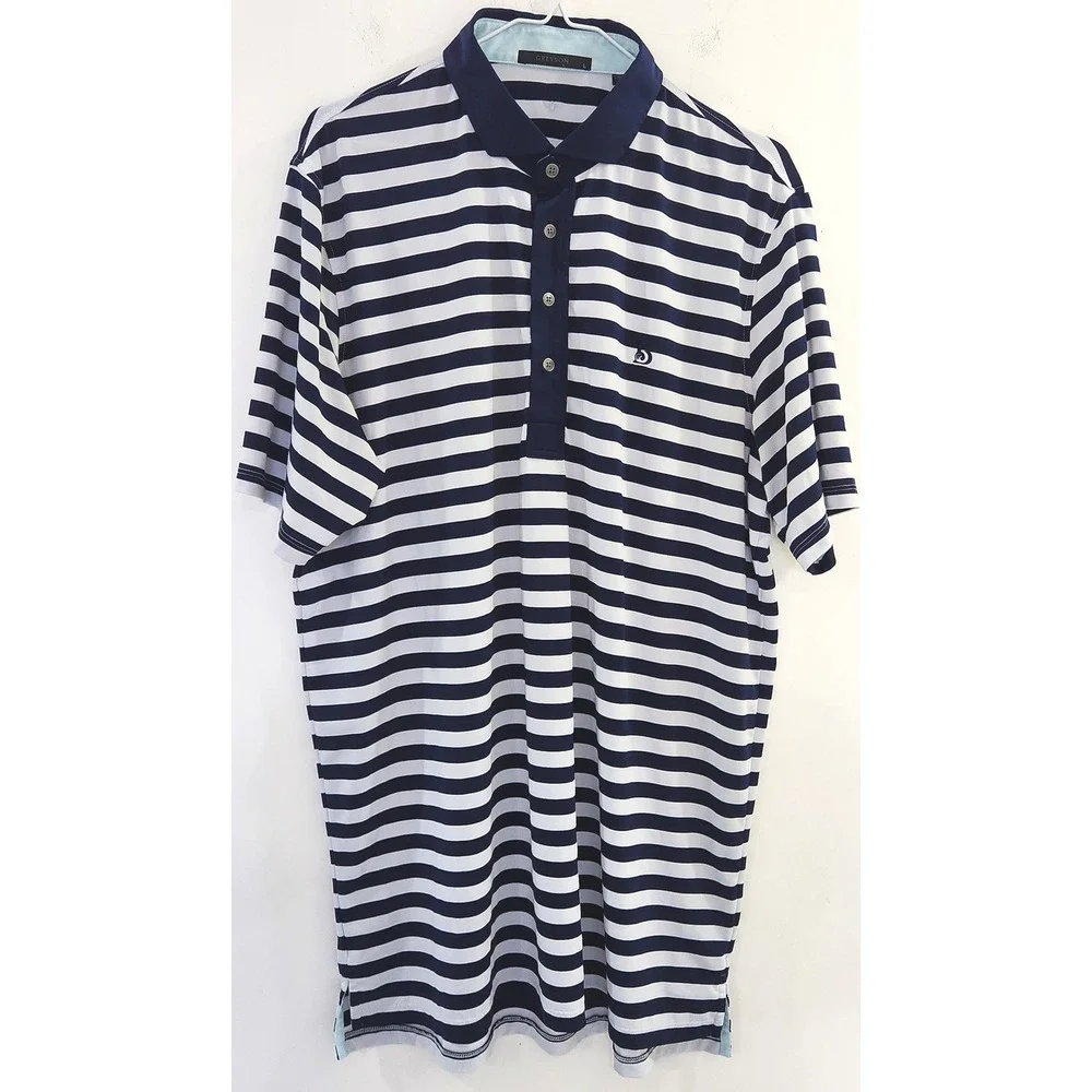 Greyson Clothiers Mens Large Navy White Striped Golf Polo Shirt Wolf Logo L - Picture 1 of 5
